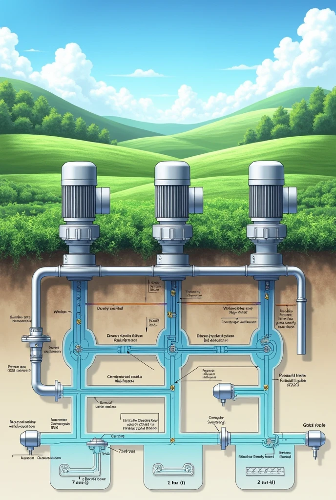 Irrigation system diagram with three water pumps that work 2 hours each alternately
