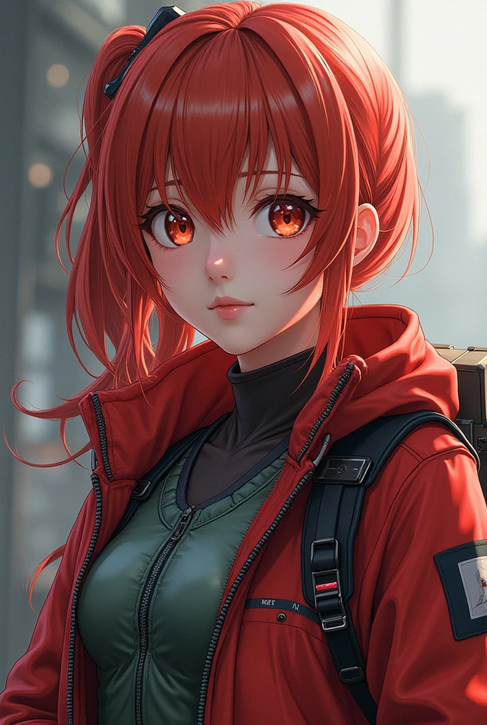 (8k, best quality, masterpiece:1.2), ultra-detailed, Masterpiece, realistic lighting,masterpiece, best quality, masterpiece, official art,extremely detailed CG unity 8k wallpaper,beautiful detailed eyes, cybernetic style, light on face, 1girl, Asuka,Upper body, breasts, pilot_suit, plugsuit, red_jacket, windbreaker, gloves, bandage, hair_ornament, bracer,  