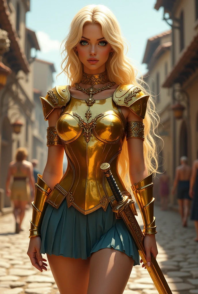 Female gold dragon in human form. Beautiful, wearing gold hoplite armor and short blue skirt, holding a sword, shiny blonde hair, blue eyes, large breasts. In a medieval town.