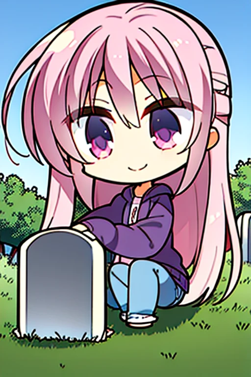 Perfect face. Perfect hands. A pink haired girl with violet eyes in a sweatshirt and jeans is sitting on a tombstone in the cemetery with a big smile