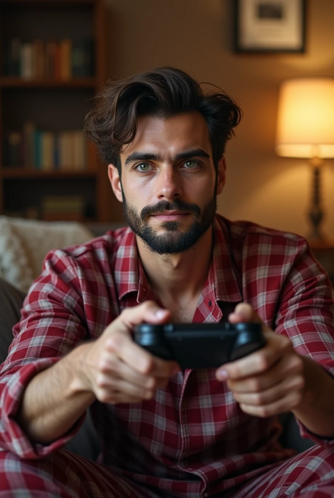 Create a realistic photo, Typical Spanish man with a beard and mustache,
very handsome man with a charming and deep look, green eyes, brown hair,
((full body)) hyper realistic photos, dressed in pajamas, lying on his couch, playing video games, background image: his living room, head to toe, full body, hyper realistic photo