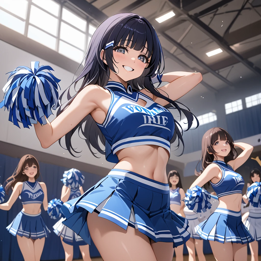 ((Highest quality)), ((masterpiece)), (detailed), (Perfect Face)、The woman is Reika Aoki with semi-long hair、The woman is wearing an attractive cheerleading costume and dancing the cheerleading with a smile