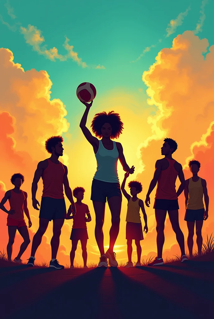 Athletes in multiple disciplines in silhouettes, Showing sports and recreation, afros, rio , children 

