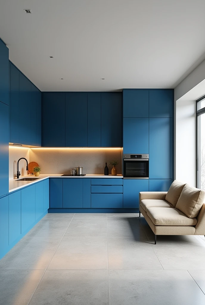 Make a blue L-shaped kitchen, with a light gray floor and a wall with a color you think matches and a beige sofa in an open concept living room