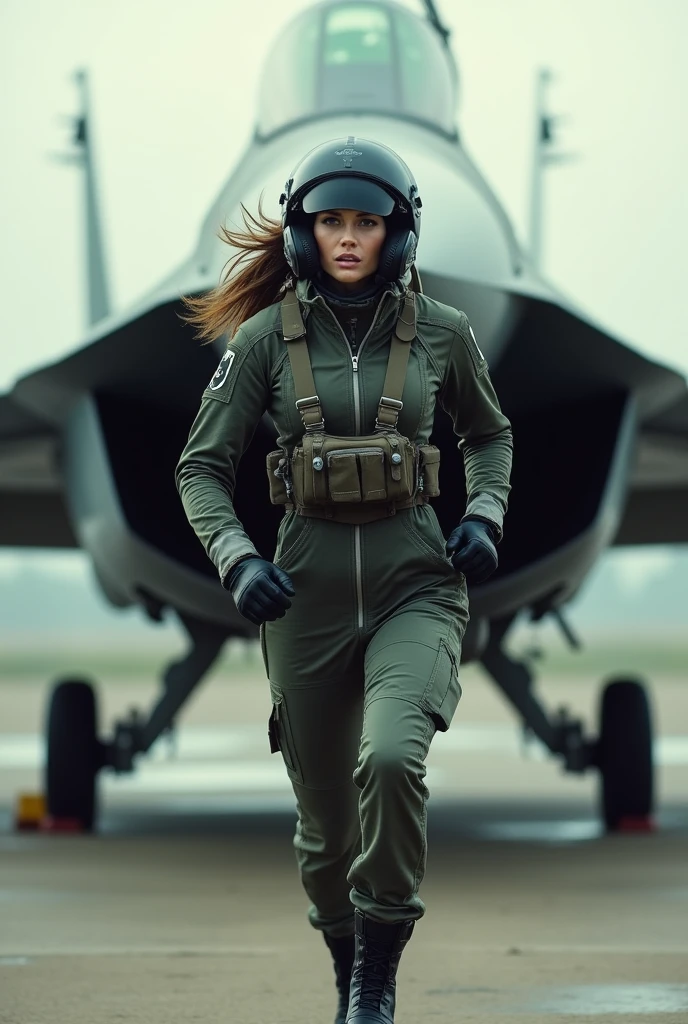 Angelina Jolie wearing a fighter pilot suit, wearing a pilot helmet and oxygen mask, running towards mig29, side view