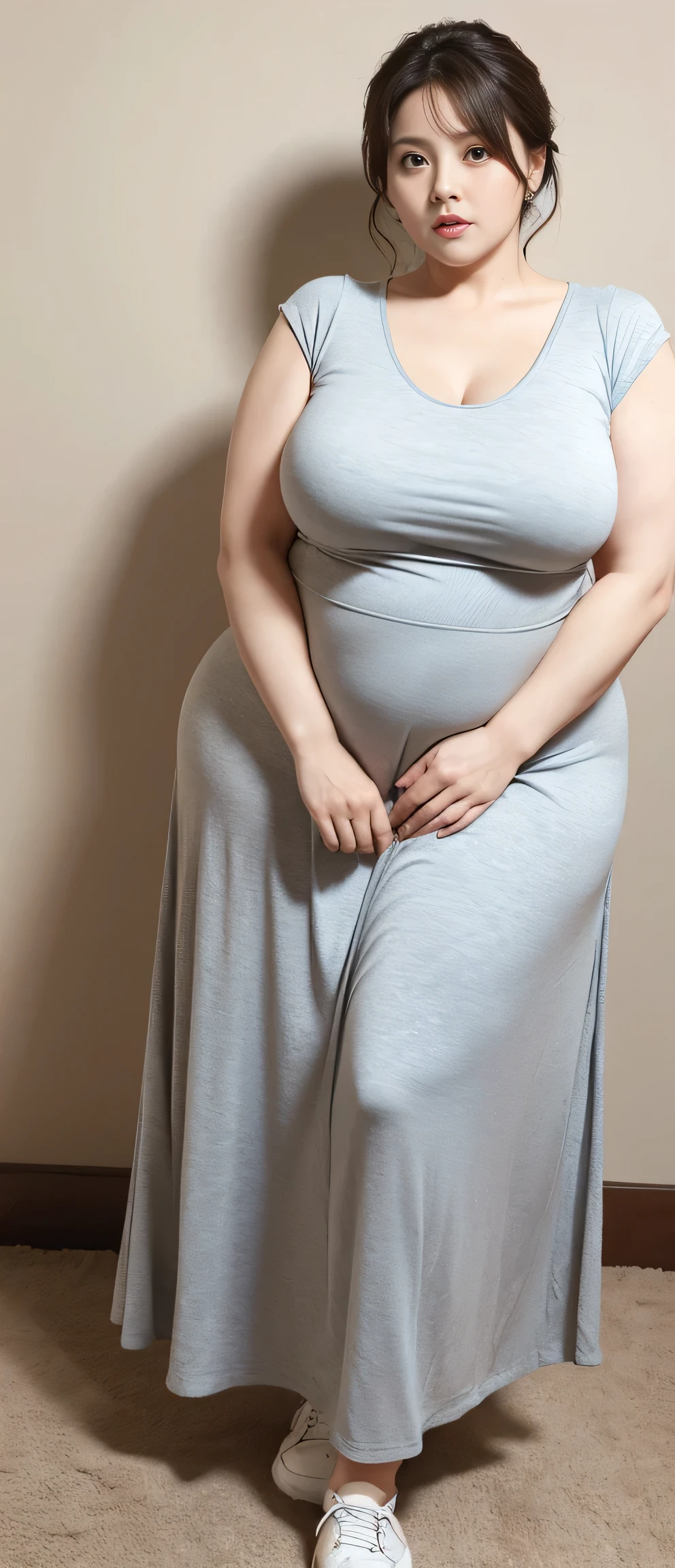 Chubby woman with fat belly and tight thighs, full body, 50-year-old mature woman, thick hips, thick neck, thick chest, big eyes, wearing a longest dress, wearing a sneakers