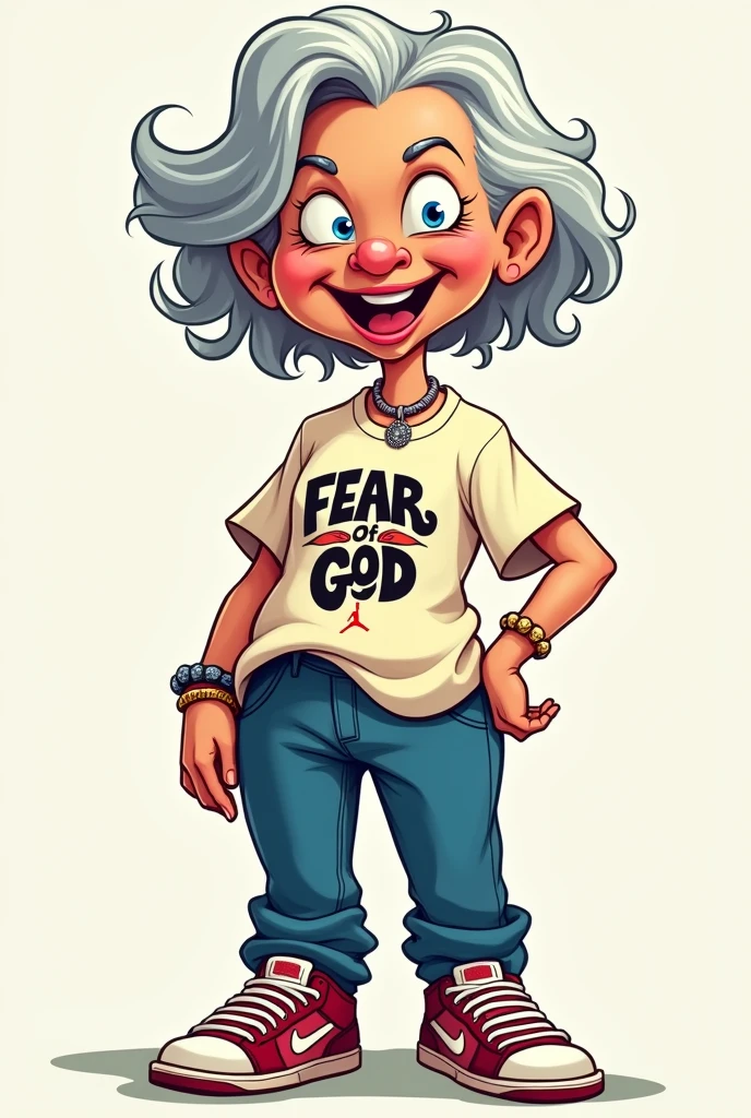 Cartoon logo of an old lady wearing fear of god shirt, jeans and jordan shoes 