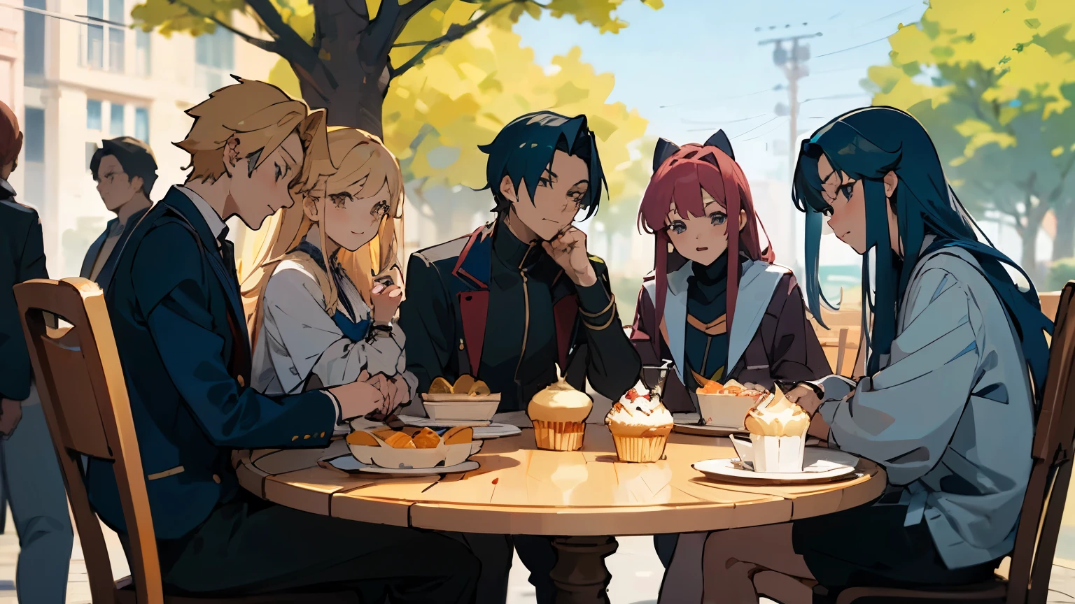 ((Best quality)), ((masterpiece)), (detailed), (((6 anime characters))), 4 girls, 2 guys, Friendly atmosphere, sitting at the same table, 6 plates, cupcakes on the table, On the street, tree from the side, looking at the camera, niji-jorney style