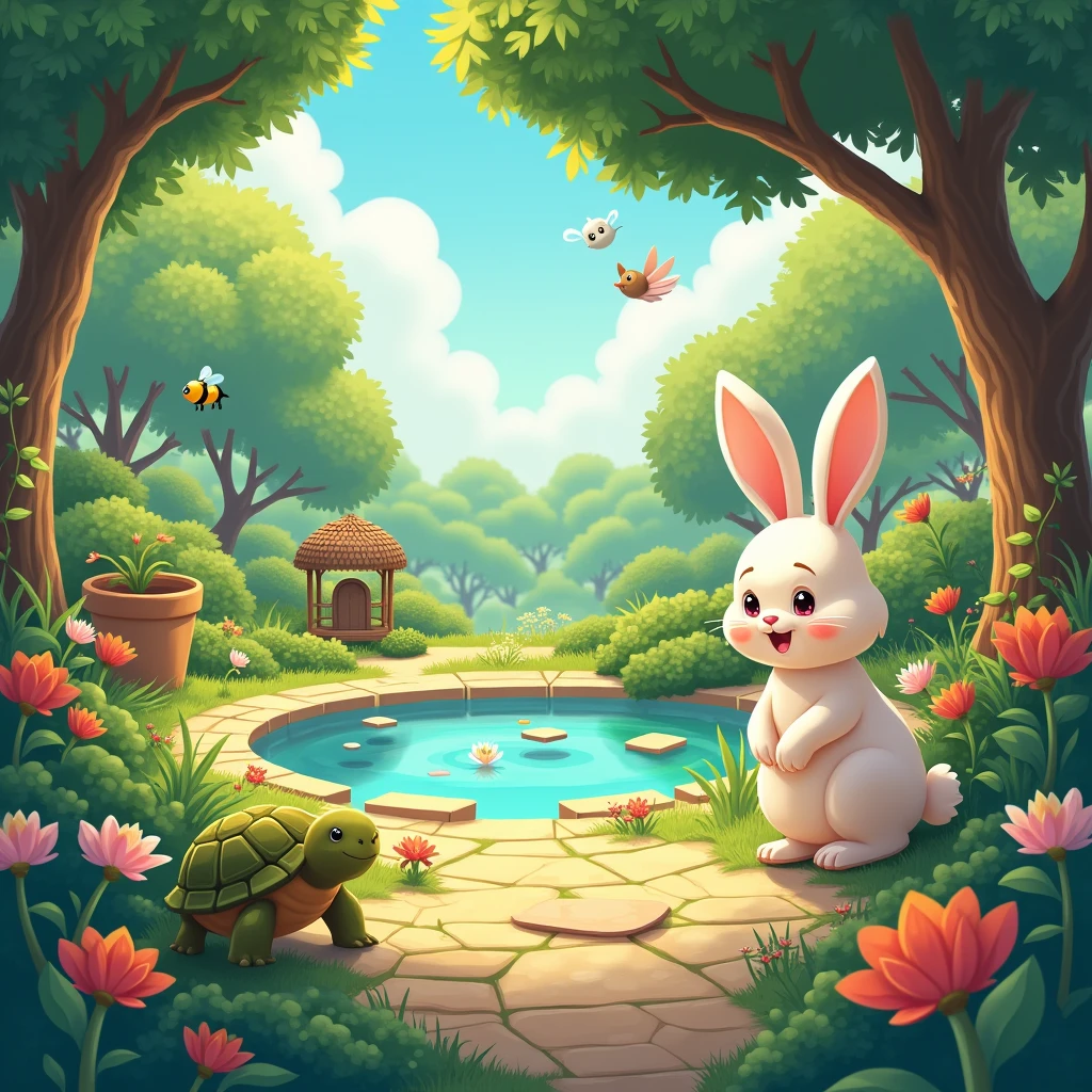 sunny day, beautiful garden, bird nest on the tree, diamond by the pond, square pebble stones, square flower pot under the tree, bunny and turtle cheer, bird and bee flying, frog and little mouse jumping