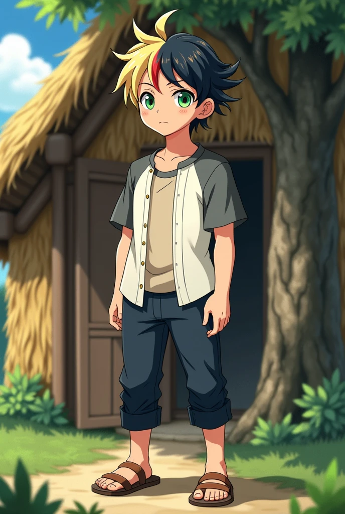 1 fantasy anime handsome boy with short and tidy "some blonde and some black hair with a little much red hair" . Shiny green eyes that have red halo around the pupils. White shirt with gray short sleeves and black edges, cream colored t-shirt underneath. The buttons are closed. Standing in front of the door of a house with straw walls and a hay roof. Among the greens and a single big tree facing. Old navy pants and old brown sandals. strong and rather tall body . a serious look