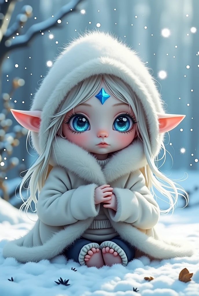 A cute, childlike fantasy character with long, flowing white hair and pointed elf ears sits in a snowy landscape. She is dressed in a thick, white coat with a hood pulled over her head. A blue, star-shaped gem or symbol adorns her forehead. The character’s large, blue eyes have a melancholic or thoughtful expression. She is small in stature, with her legs drawn up to her chest, and her arms wrapped around her knees to keep warm. The background features a soft, wintry scene with pale blue tones a