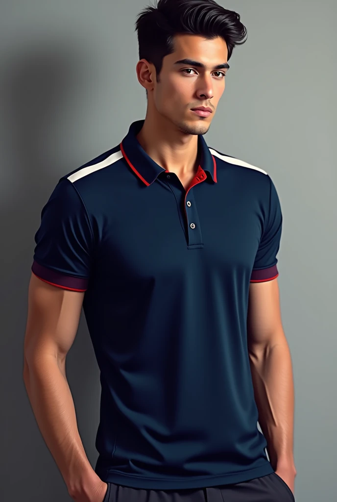 Polo shirt for student promotion with the main color navy blue, that has details of blood red and white colors, short sleeve, modern, show shoulder in profile