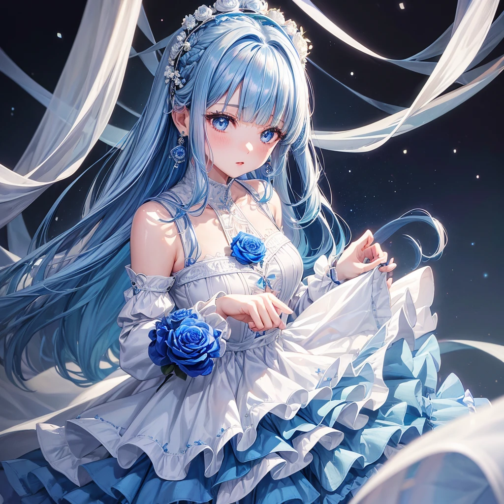 ((Highest quality)),(Ultra-high resolution),Flared skirt dress,High neck、The material of the dress is deep blue roses、Highly detailed CG Unity 8k wallpaper, , Earrings, Blue hair, Curly Hair, Blunt bangs, Straight bangs, Blue eyes, White skin, Gal, One person、Her flat chest is hidden by her dress