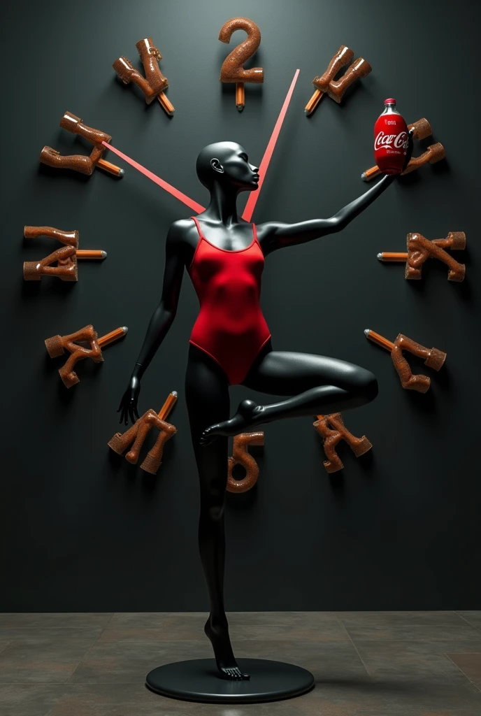 shop window with a black mannequin in a red swimsuit holding a coca cola in a floating yoga position, in the middle of a clock whose hands are coca cola bottles, on a dark background and highlighted in the middle