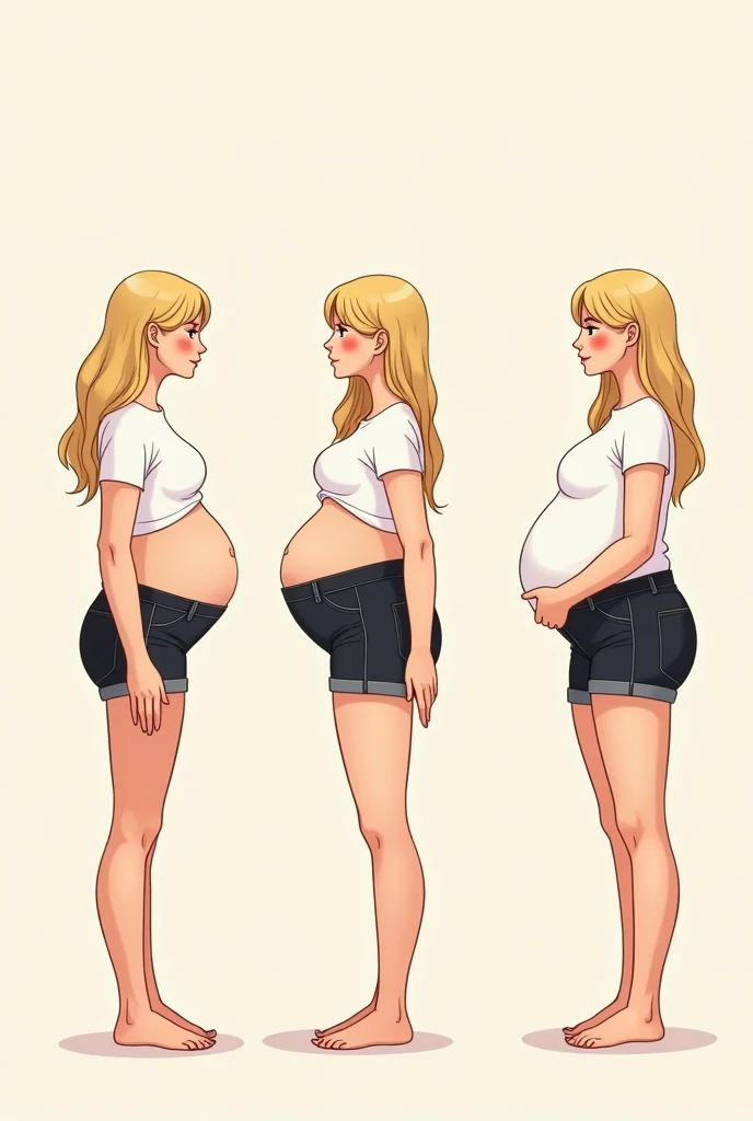 Draw a comic of 5 pictures where a girl is gaining weight. She sits with her stomach sticking out, she has a beautiful face, blonde hair and fair skin. In each of the pictures she sits in the same clothes, which gradually become too small for her. This is a White T-shirt through which the belly is visible and black denim shorts. In the first photo she weighs about 45 kg, in the second 60, in the third 75, in 4 85 and in the last about a hundred DRAW A COMIC WITH 5 DIFFERENT GIRLS IN A DIFFERENT SLIDS BUT IN ONE PICTURE 