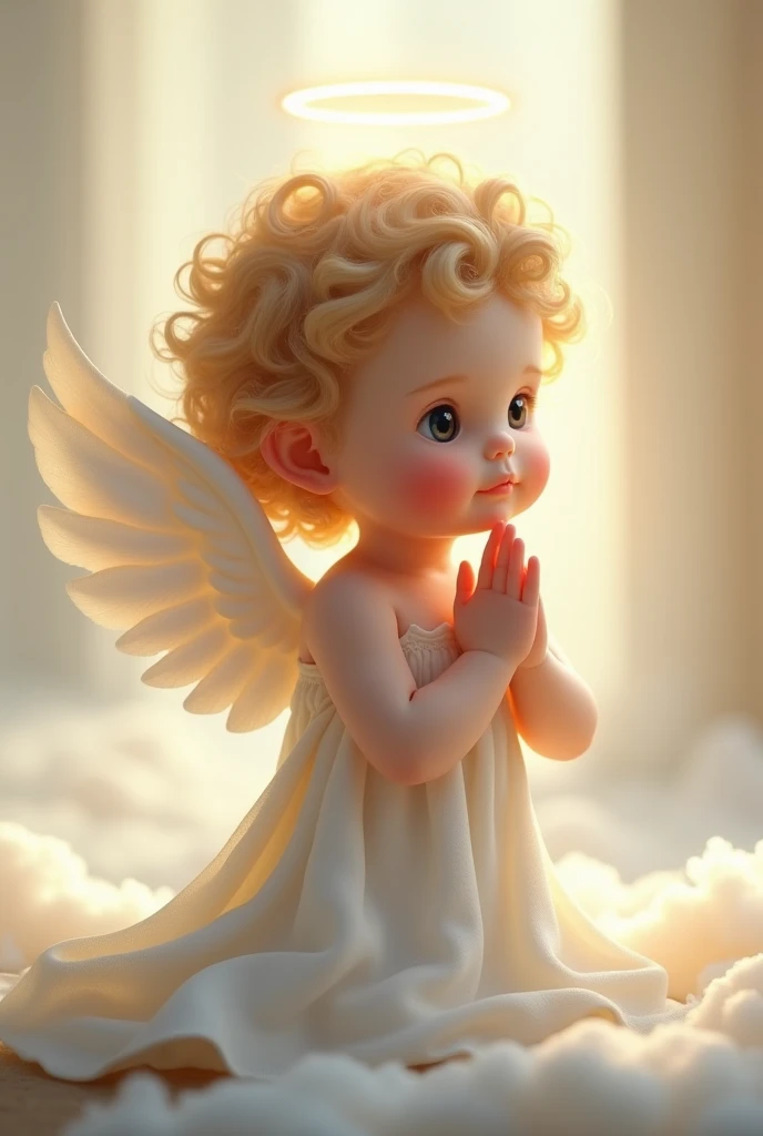 "A baby angel with soft, chubby cheeks and golden curls kneeling in a side pose. The angel has small, delicate wings, and its hands are clasped together in prayer. The baby angel has a peaceful, serene expression with closed eyes and a slight smile. It wears a flowing white gown that gently drapes around its tiny body, and a soft halo glows above its head. The background is a soft, heavenly light with hints of clouds, adding to the divine atmosphere."