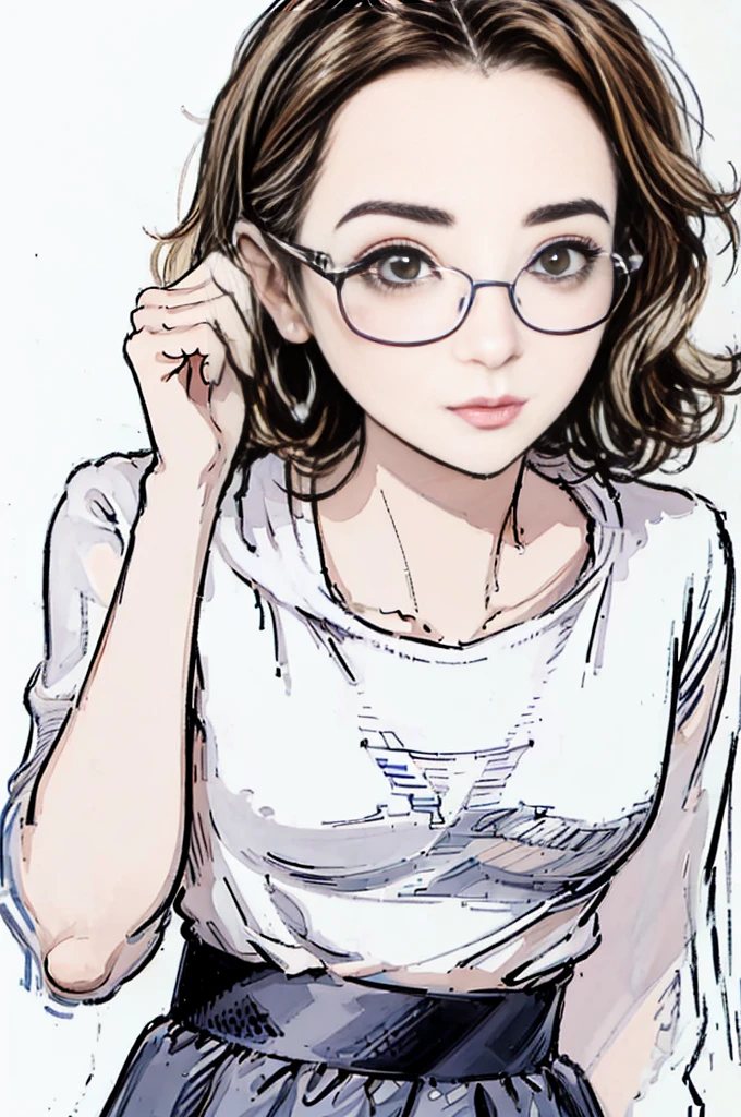 1 female, 30-year-old, alone, thin, slender, small breasts!!!, Loose curly hair, Bedhead, Forehead, thin, slender, (((glasses))), hoodie, Skinny skirt, Are standing, art, black and white, line art, pencil drawing, draft, White background, portrait