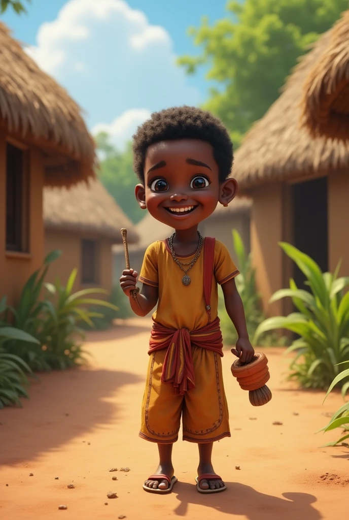 **Prompt:** 

Create a hyperrealistic image of a young African boy, around , joyfully playing in a village setting. The boy should have dark skin, short curly hair, and be dressed in simple, traditional clothing. He is smiling and holding a handmade toy, perhaps a small stick or wooden figure. In the background, depict an authentic African village with thatched huts, dusty pathways, and lush greenery. The scene should capture the warmth of the sun, with a natural, earthy color palette that emphasizes the vibrant life of the village.