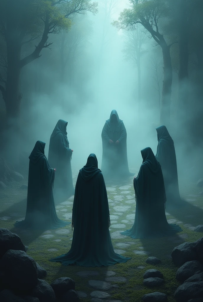 mysterious five mages reunion in the fog in a stone circle
