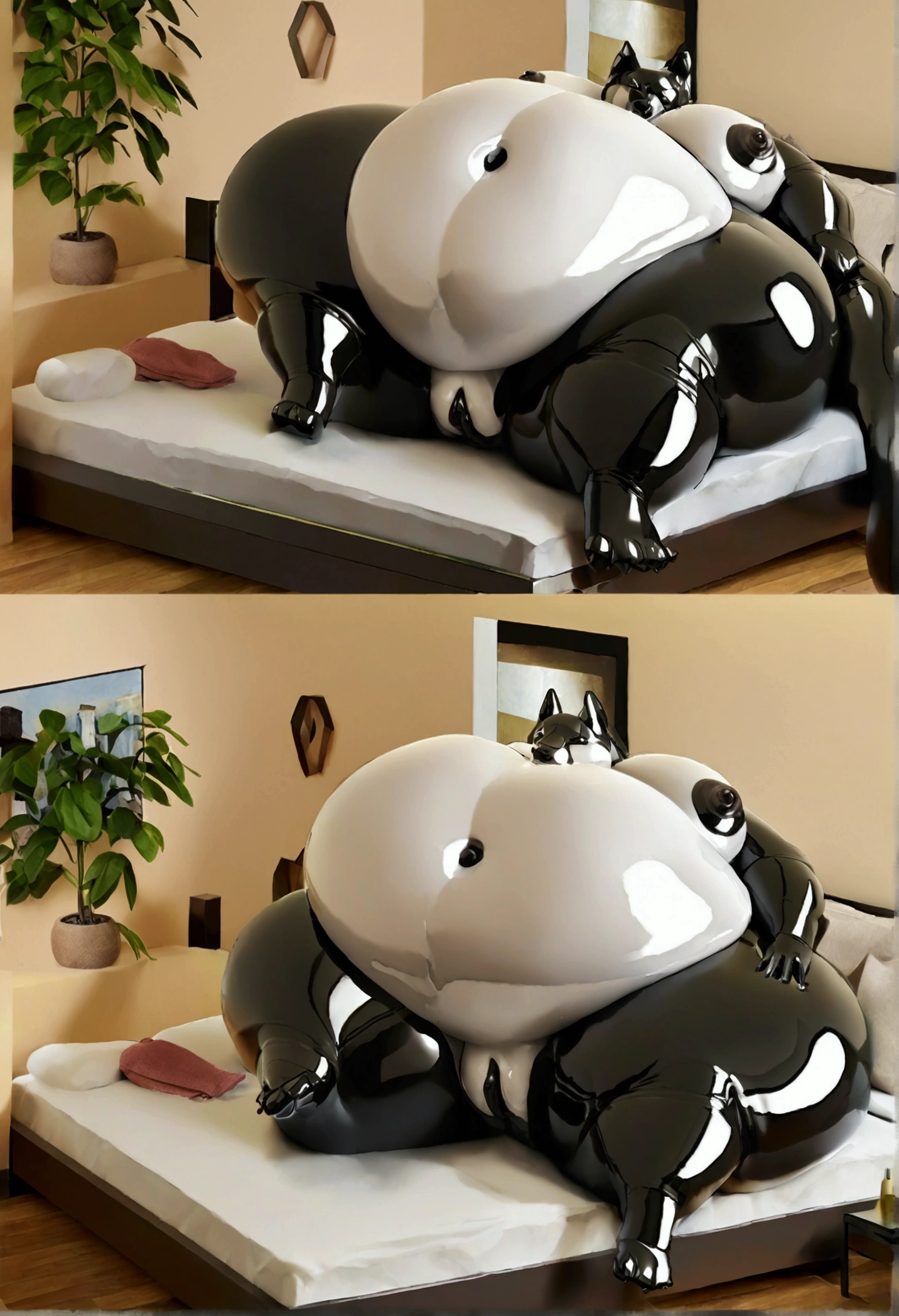 (Realistic) an immensely obese woman who is a massively overinflated in each photo, as she turns into a latex pool toy and is laying on her back in bed, wearing nothing at all. Her massive spherical belly, breasts, thighs, and pussy lips are continually swelling bigger. She is incredibly horny