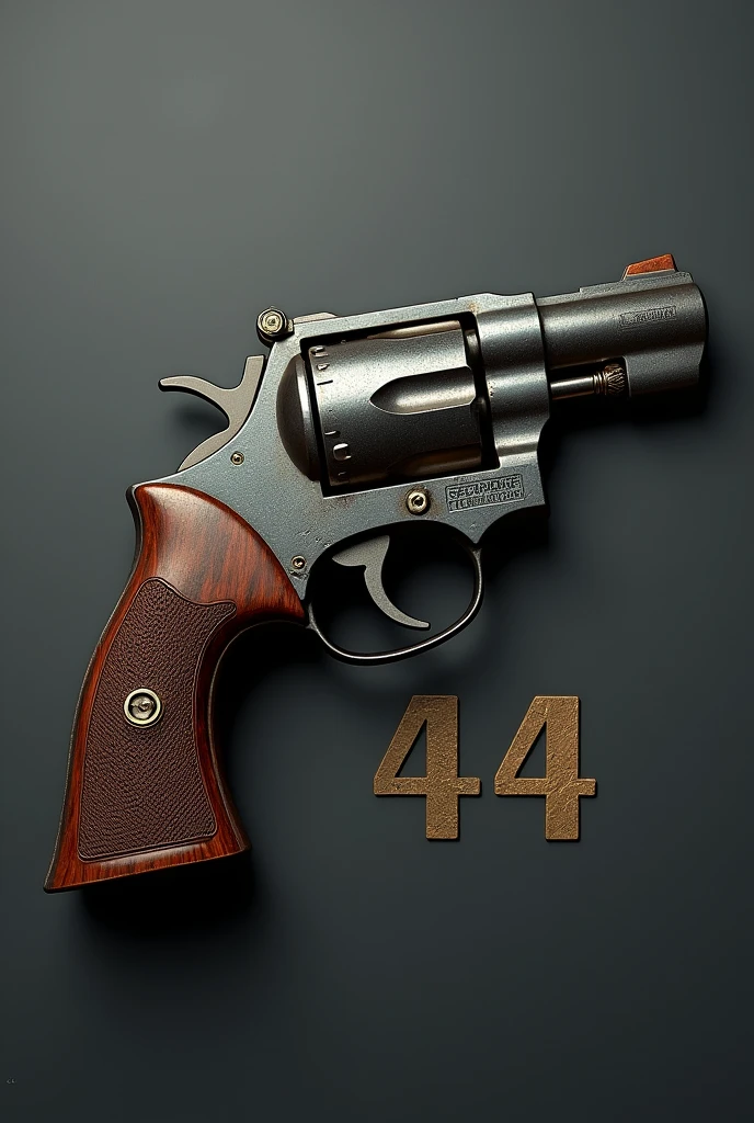 Create an image of a number 44 Create an image of a 44 caliber gun in allusion to 44 years of anniversary specifying the number 44 of the caliber and the age, remembering show the number 44 of the caliber and age