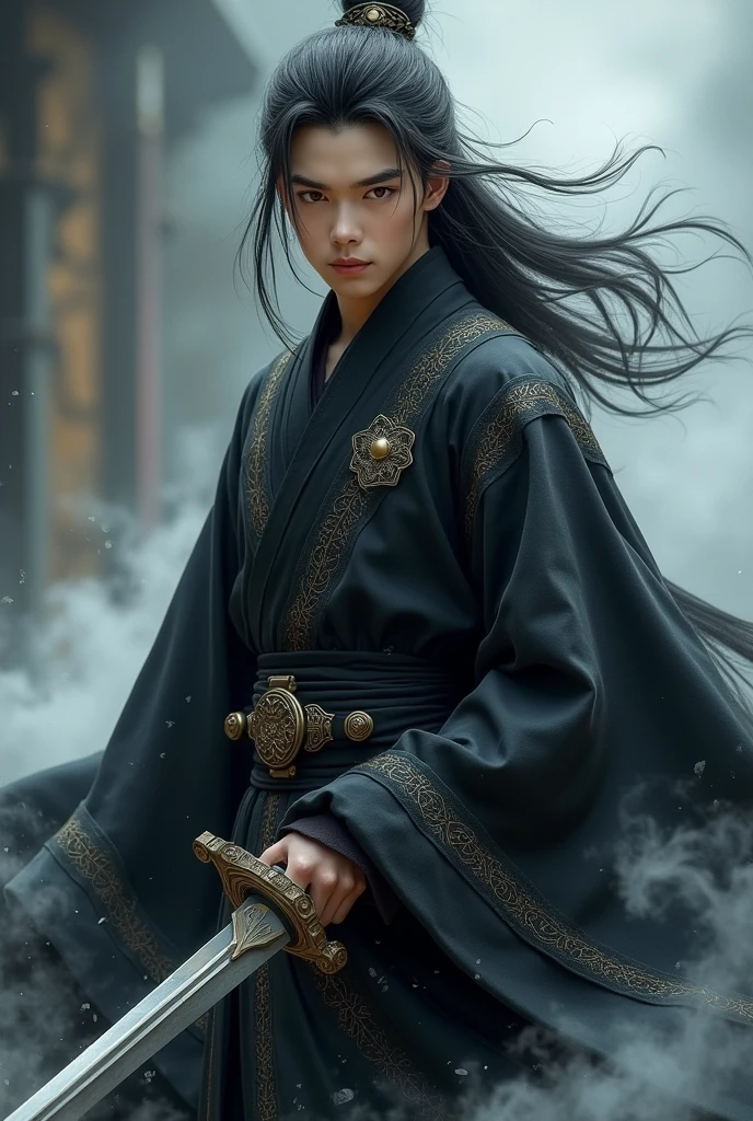Brown eyed boy with sword, long black hair, God half demon full body black Hanfu 20 years old and above,There is faucet smoke behind you