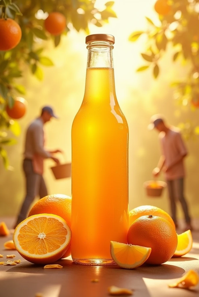 Generate me a poster in Spanish about the sale of orange juice, the benefits it provides to the skin and health, along with images about the orange juice business.