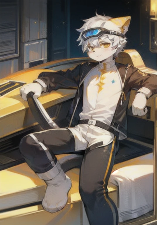 White male cat,boys,Lovely,Q version,Silver Hair,Detailed background,,Golden Eyes,Luxury racing,driver,Wear a helmet,Leaning on the racing car,