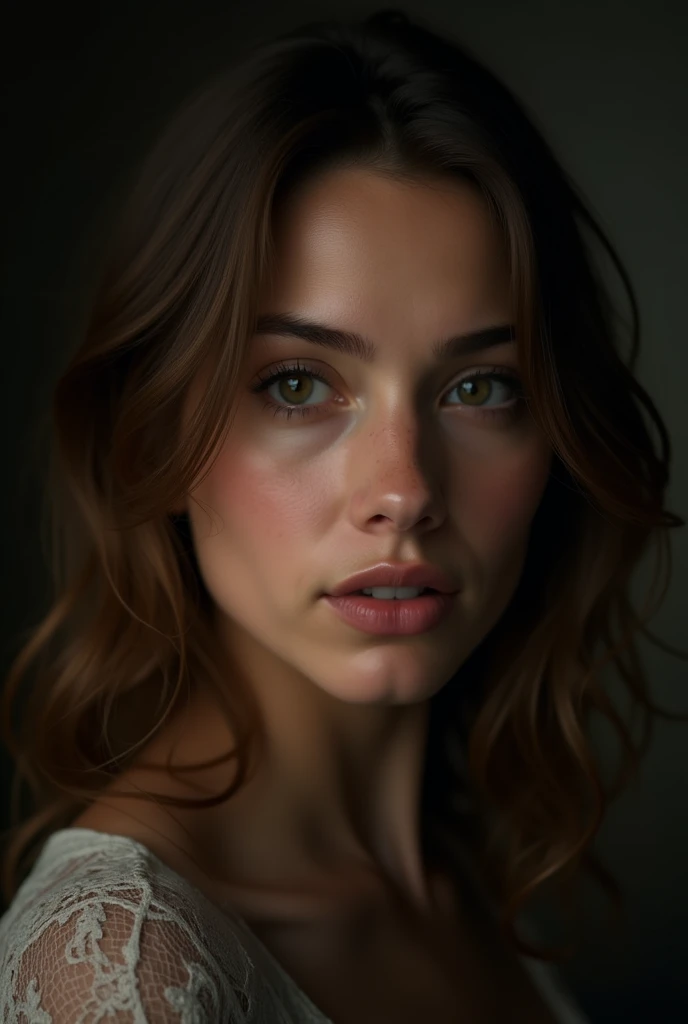 A photorealistic 40 years old woman with brown hair, we can only see her head and shoulders. She's in a kinda dark lighting

