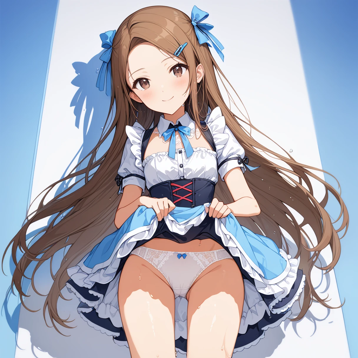 (masterpiece), (Highest quality), High resolution, (Very detailed), (Best illustrations), (Best Shadow), (so beautiful), (very cute), (Absurd), Round face shape
(Highly detailed face), Perfect limbs, Intricate details顔, 

(Minase Iori), 
Dark brown hair, Long Hair, amount, Hair Clip, Brown eyes, ribbonが付いてるピンクのヘアバンド, 
Beautiful breasts, Small breasts, Shyness, smile, Pitiful, Her behavior is very quiet., 
 
Perfect limbs, Perfect Anatomy, Thin legs, Intricate details, Five perfect fingers, One person, so beautiful少女, very cute少女,Big eyes, slender, Tight waist, 

Beautiful Skin, Wet, sexy,Charm, whole body, 
(One person、solo:1.2), Full Shot, panoramic, 

Maid clothes, Short skirt, ribbon, 
Underwear with pink stripes, White frilly underwear, 小さいribbonが付いてる下着,
(Skirt Lift:1.5),(Grab your skirt:1.5), 

(Blue background), (Blue Room), (Blue carpet), 

stand, Legs slightly apart, View from the front, 