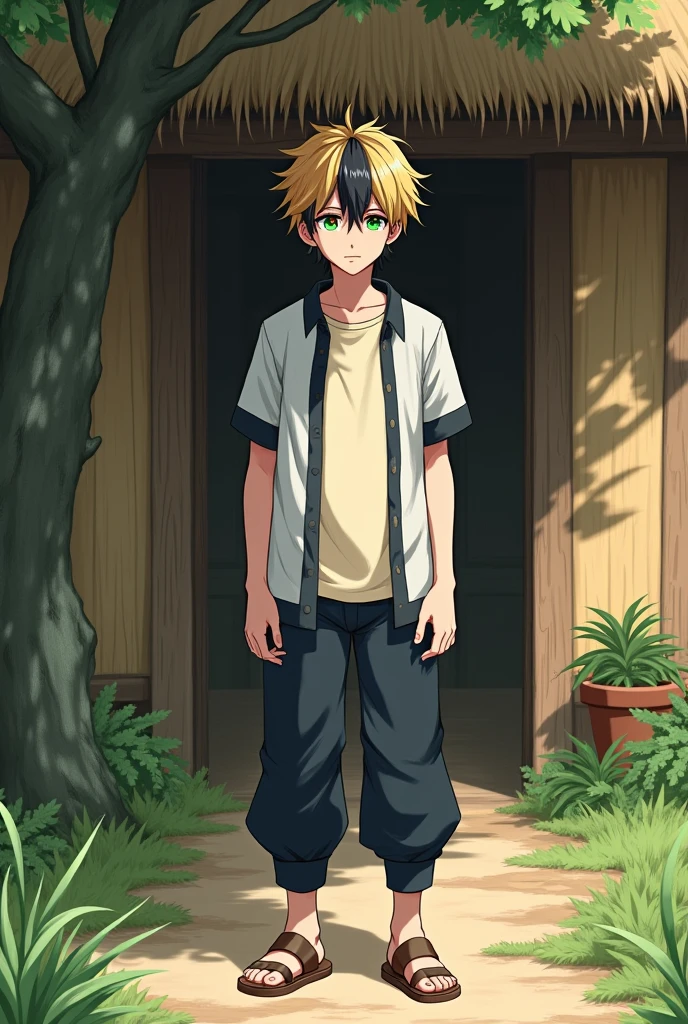 a 1 fantasy anime handsome boy with short and tidy "some blonde and some black hair with a little much red hair" . Shiny green eyes that have red halo around the pupils. White shirt with gray short sleeves and black edges, cream colored t-shirt underneath. The buttons are closed. Standing in front of the door of a house with straw walls and a hay roof. Among the greens and a single big tree facing. Old navy pants and old brown sandals. strong and rather tall body . a serious look