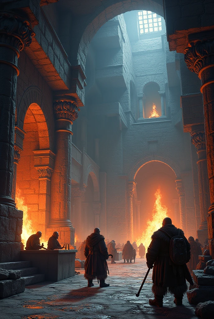 Deep within the snowy peaks of Durin, the subterranean kingdom of Ferrogrim thrums with life, its vast halls illuminated by the fiery glow of forges and the rhythmic clanging of hammers against steel. era medieval