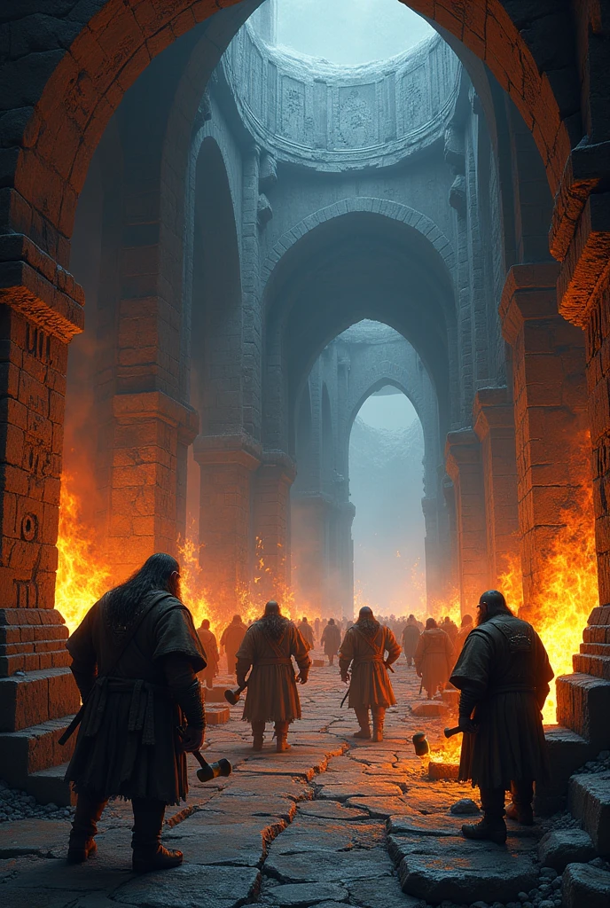Deep within the snowy peaks of Durin, the subterranean kingdom of Ferrogrim thrums with life, its vast halls illuminated by the fiery glow of forges and the rhythmic clanging of hammers against steel. era medieval