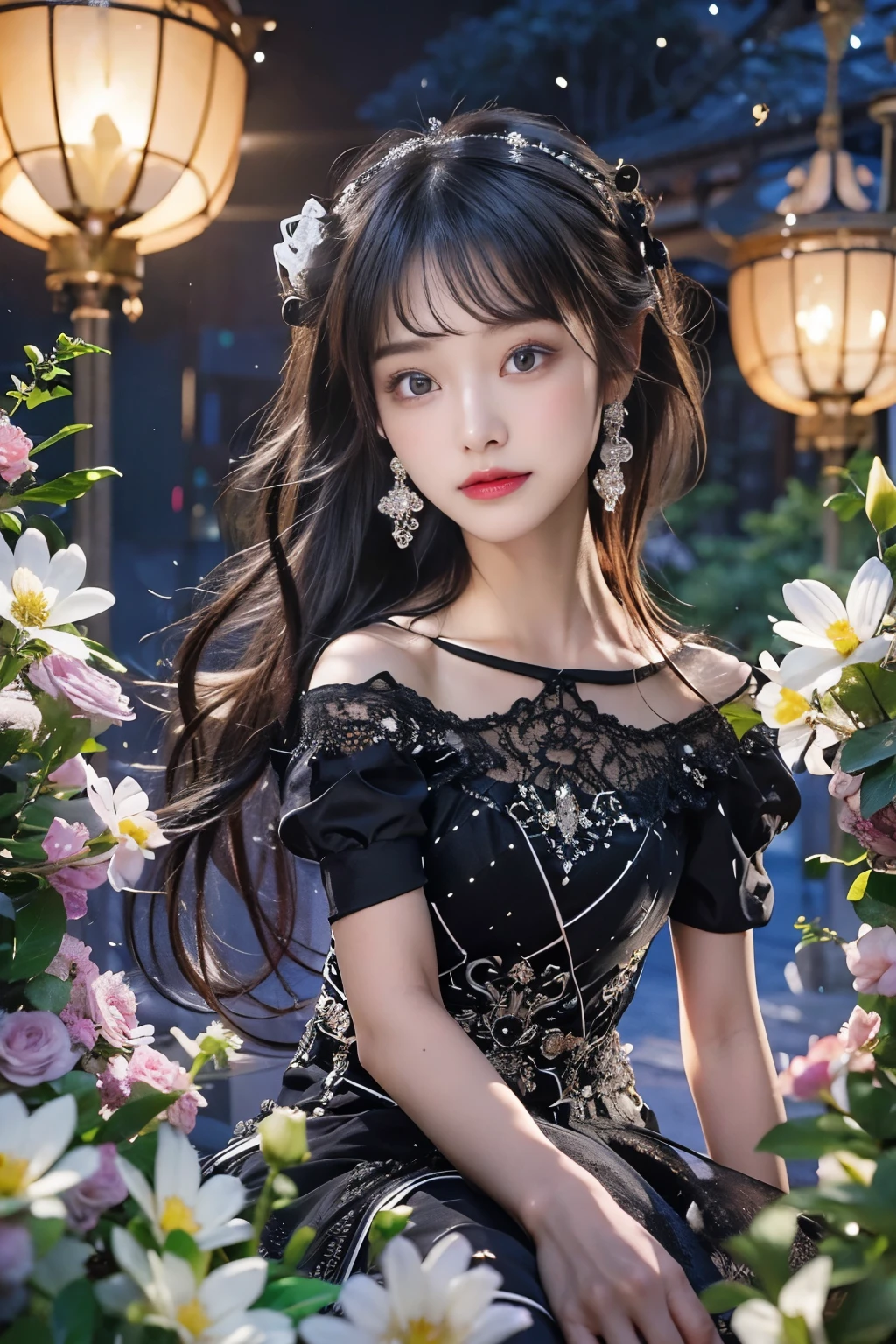 perfect hand,perfect fingers,(((black dress))),starlight, star, hanging crystals, 1 girl, black hair, side bangs, long hair, tiara, crystal beads on the dress, royal place, hanging flowers, candle light, beautiful flowers in beautiful flower pots, moonlight, sky, lots of stars in the sky, moon in the sky,(1 beautiful Japanese idol, 20 years old), perfect body, Detailed beautiful delicate face, Detailed beautiful delicate eyes and eye highlights, Very thin and delicate eyelashes that are not too long, (finely detailed beautiful blown big eyes and detailed face), natural makeup, slender face, (lustrous skin, realistic detailed skin), (looking at viewer:1.2),masterpiece, (best quality:1.2), 8k, RAW photo, (Realistic, hyper realistic, photorealistic:1.3), Ultra High Res, intricate details, ultra detailed, High quality texture, distinct image