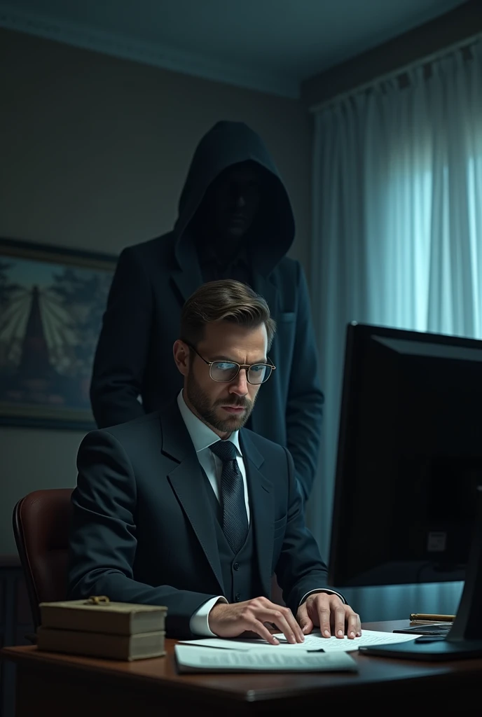 Create an image of a lawyer sitting in front of a computer and behind him there is a dark figure or a hooded man and his face cannot be seen. 