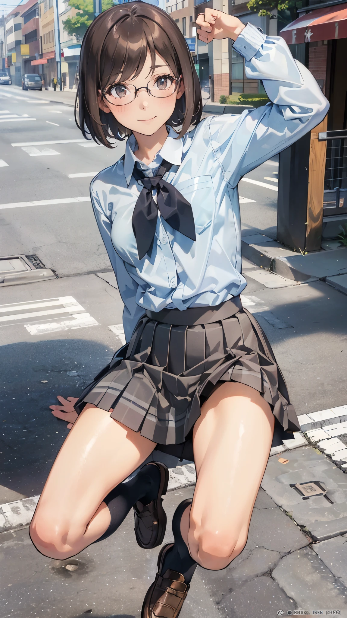 (super flat, flat shading), Honors Type, Really blushing, , high school girl, wearing long sleeve shirt and plaid pleated mini skirt, Short bob cut brown hair, Glasses, sweaty healthy body, mesugaki smile, bare legs, loafers, ultra realistic, early morning, breeze skirt lift, (spread legs:1.0), (dynamic pose), in crowded street,
