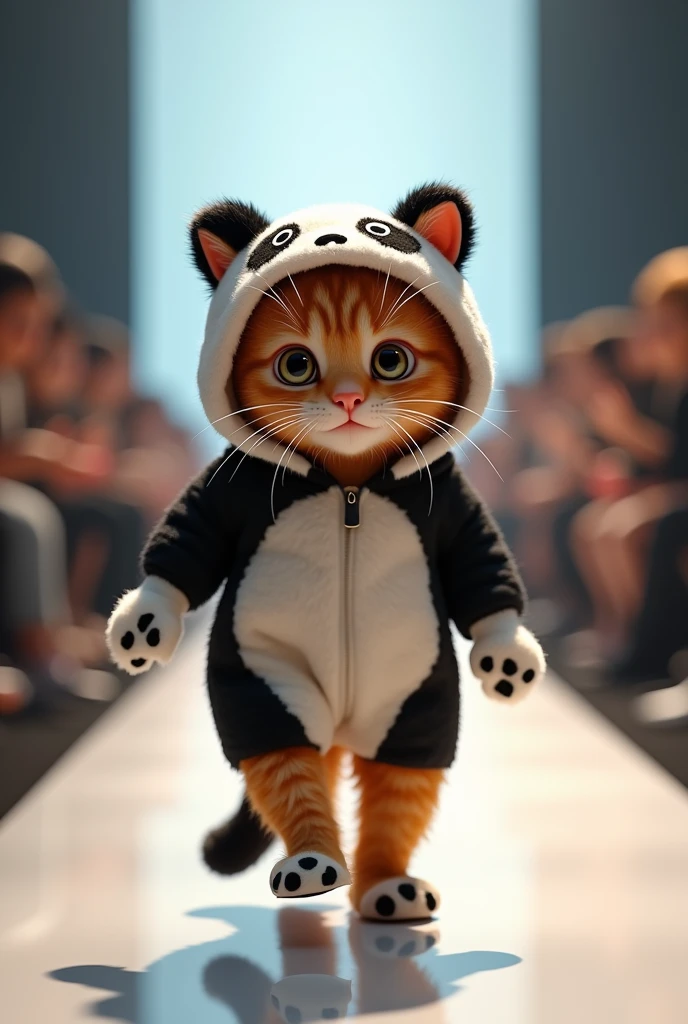 (photorealism:1.2), cute ginger cat, wear panda clothes, walking on runway