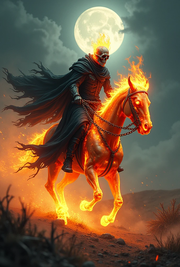 A dynamic scene featuring two Ghost Riders, one riding a flaming skeletal horse and the other on a blazing motorcycle. The riders are depicted as fiery specters with burning skulls, dressed in dark, tattered clothing, with chains swirling around them. The horse has glowing red eyes and flaming hooves, while the motorcycle emits fire from its exhaust, leaving a trail of flames. The background is a dark, ominous landscape with swirling mist and a full moon casting an eerie glow.