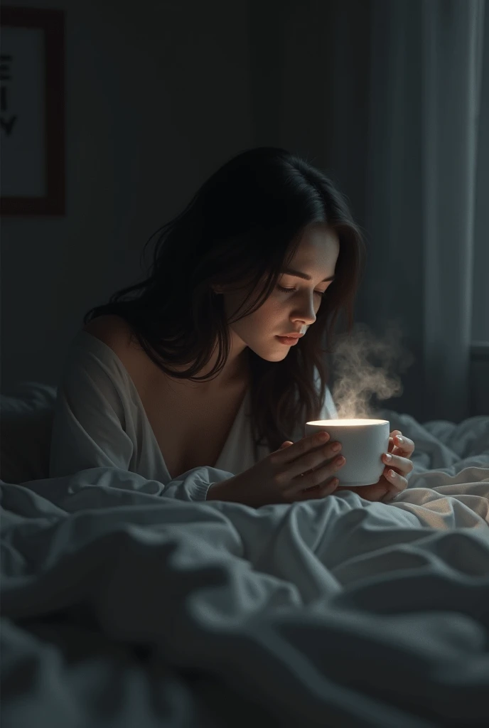 Girl drinking coffee in black bedroom The color of the room shows the girl drinking coffee while lying on the bed and wearing something that covers the knee