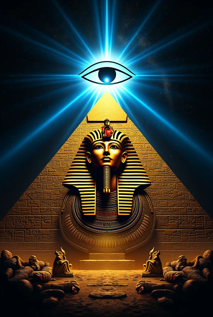 Create an Egyptian-themed t-shirt design, with a centralized golden pyramid and hieroglyphic details. At the top of the pyramid, coloque o Olho de Hórus brilhando em cerulean intenso, emitting rays of light that spread throughout the design. Add a background with a starry night sky and the figure of the god Ra in the form of a falcon flying around the eye. At the base of the pyramid, include Egyptian gods like Anubis and Isis, in majestic poses. Use colors like gold, cerulean, blackw, and red and white details, blending digital art with traditional Egyptian touches to create a powerful, modern aesthetic.