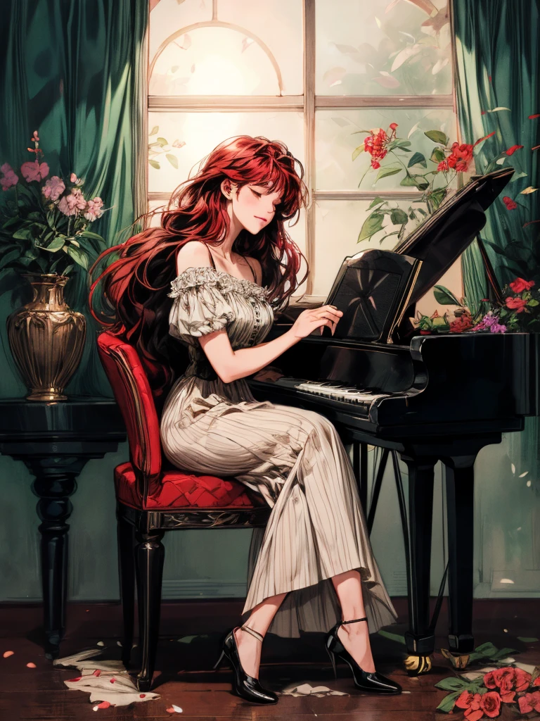 beautiful woman(((full body))), ((background house)), (best quality), 1girl, solo A room with glass windows, curtains, a young woman with long black hair, red hair , eyes closed, sitting on a chair, Using her two slender, beautiful hands to play the piano, There are flowers, flower pots, a table, a wine glass, a wine bottle, a lamp, a black cat