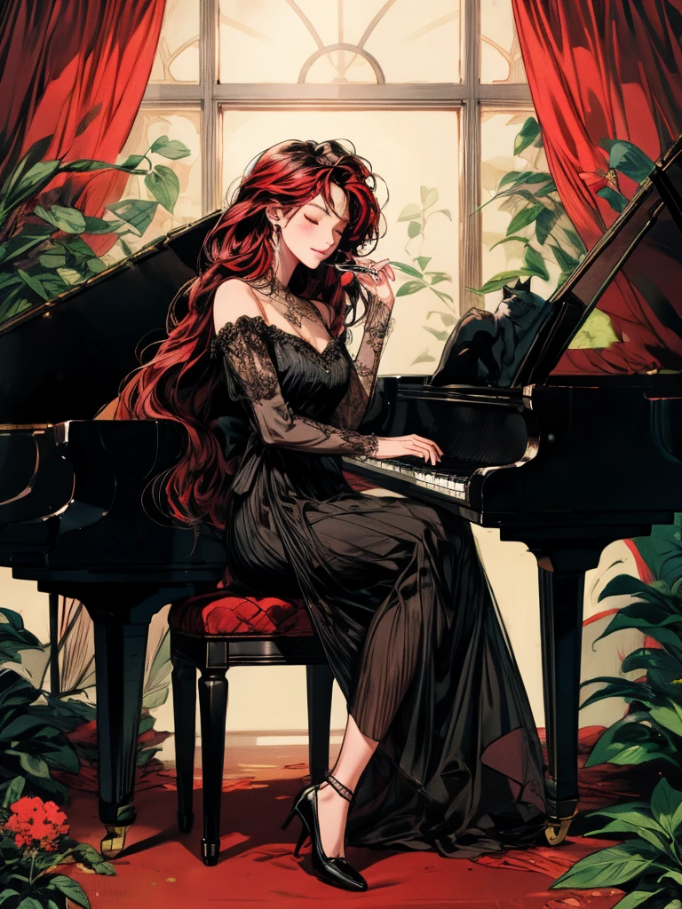 beautiful woman(((full body))), ((background house)), (best quality), 1girl, solo A room with glass windows, curtains, a young woman with long black hair, red hair , eyes closed, sitting on a chair, Using her two slender, beautiful hands to play the piano, There are flowers, flower pots, a table, a wine glass, a wine bottle, a lamp, a black cat