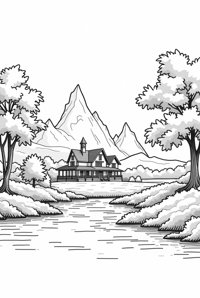 Landscape with a country house, trees, a river, mountains in the background, only outline of the drawing, black and white