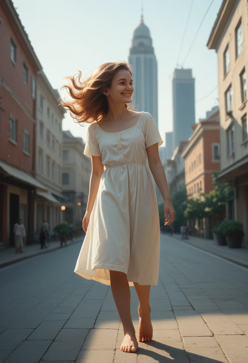 ((masterpiece)),(((bestquality))),((ultra-detailed)),1girl, solo, barefoot, standing, building, smile, floating hair, dutch angle, closed mouth, looking away, outdoors