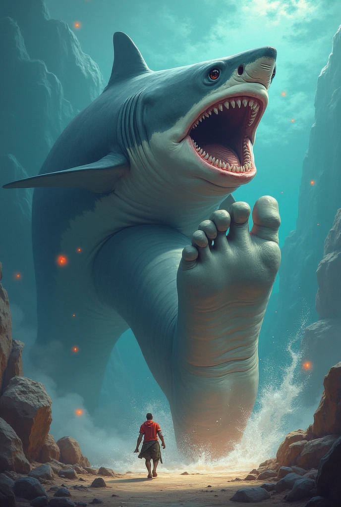 Shark dressed as a foot,getting bigger and bigger, Digital art