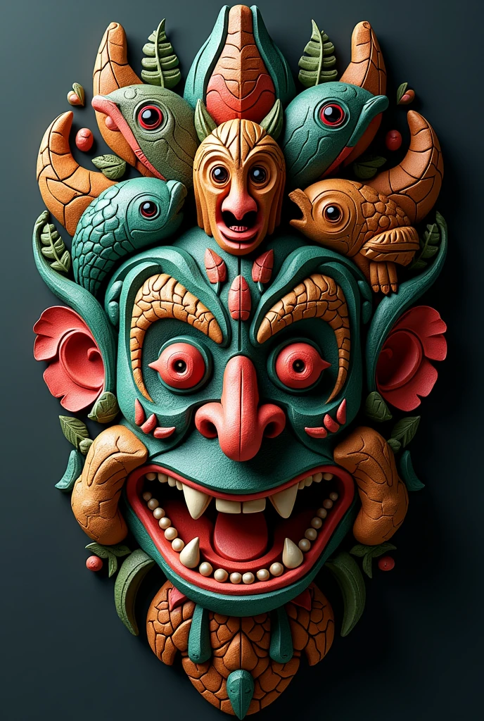 Costa Rican Boruca mask with a green macaw, a Congo, a fat man, a turtle and a wild boar inside the mask