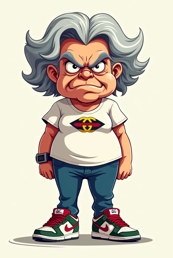 Cartoon logo of an angry old lady wearing gucci tshirt, jeans and nike dunk sb shoes