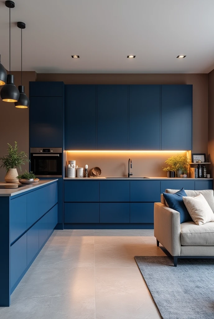 Make a deep blue L-shaped kitchen, with a light gray floor and a wall with a color you think matches and a beige sofa in an open concept living room