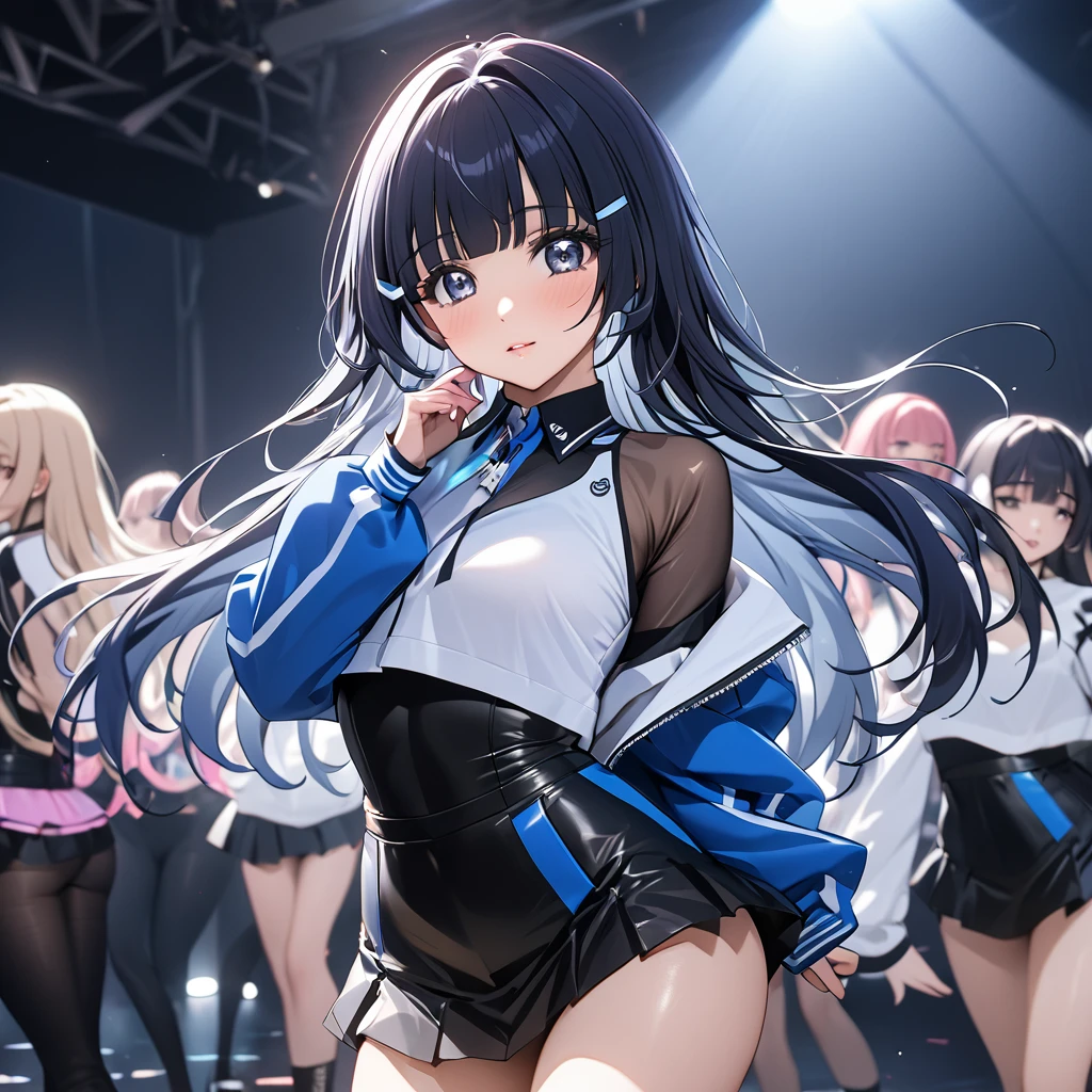 ((Highest quality)), ((masterpiece)), (detailed), (Perfect Face)、The woman is Aoki Reika, has medium-long hair and is a member of a K-POP girl group.、The woman is wearing a cool costume from a K-pop girl group and dancing a K-pop dance.