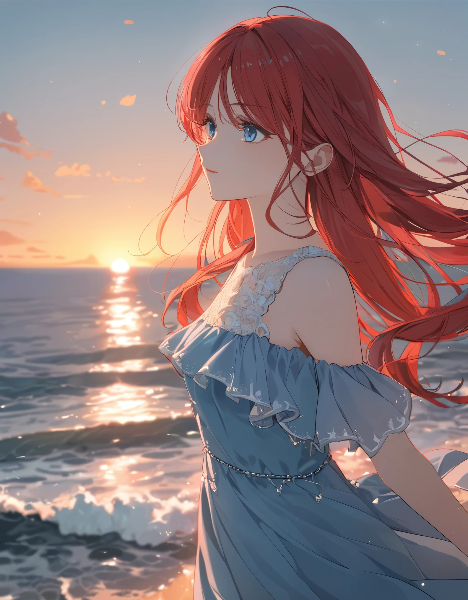 best quality, 8K, high res, ultra-detailed, cinematic lighting,1girl,bright red hair,long hair,blue detail eyes, delicate ocean,seaside,,((blue dress)),sunset